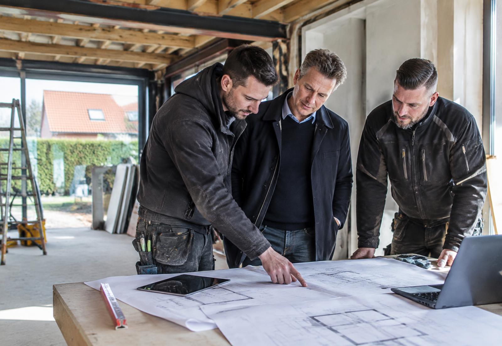Bouwondernemer en vakmensen bespreken een project